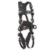 The DBI-SALA ExoFit NEX AF Construction Positioning Harness by 3M DBI-SALA Fall Protection is available in black and tan and includes multiple adjustable straps, buckles, and attachment points. Designed for personal fall protection in construction settings, it features comfort padding with a padded waist and shoulder area to enhance comfort.