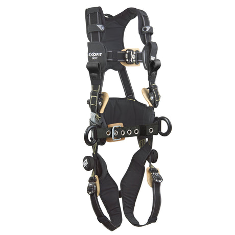 The DBI-SALA ExoFit NEX AF Construction Positioning Harness by 3M DBI-SALA Fall Protection is available in black and tan and includes multiple adjustable straps, buckles, and attachment points. Designed for personal fall protection in construction settings, it features comfort padding with a padded waist and shoulder area to enhance comfort.