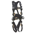 The DBI-SALA ExoFit NEX AF Construction Positioning Harness by 3M DBI-SALA Fall Protection is a black and tan safety harness equipped with multiple adjustable straps, metal rings, and enhanced comfort padding, specifically crafted for fall protection in industrial and construction settings.