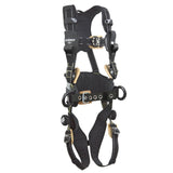 The DBI-SALA ExoFit NEX AF Construction Positioning Harness by 3M DBI-SALA Fall Protection is a black and tan safety harness equipped with multiple adjustable straps, metal rings, and enhanced comfort padding, specifically crafted for fall protection in industrial and construction settings.