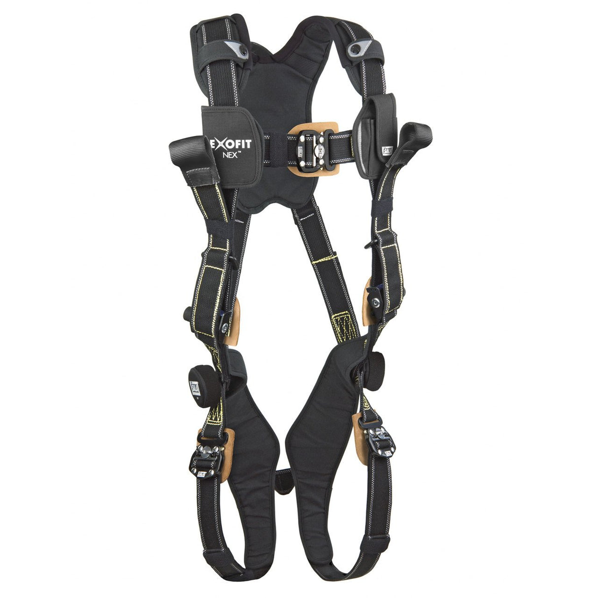 The DBI-SALA ExoFit NEX Comfort Arc Flash Rescue Safety Harness from 3M DBI-SALA Fall Protection is a black and gray harness equipped with padded straps and metal buckles to ensure optimal comfort and fall protection. It features yellow stitching and the distinctive ExoFit NEX label on a central patch, melding safety with a practical design.