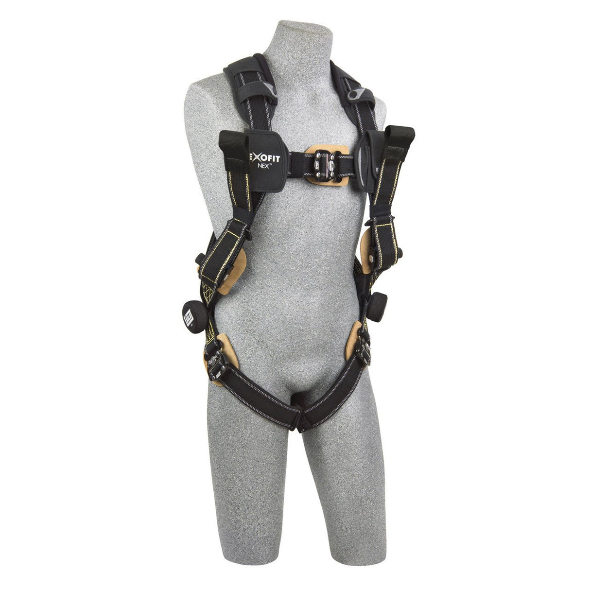 A gray mannequin displays the 3M DBI-SALA Fall Protection's DBI-SALA ExoFit NEX Comfort Arc Flash Rescue Safety Harness, featuring the "ExoFit NEX" branding on the chest strap. This harness includes adjustable straps, metal buckles, and comfort padding on both shoulders and legs to provide enhanced security and comfort.