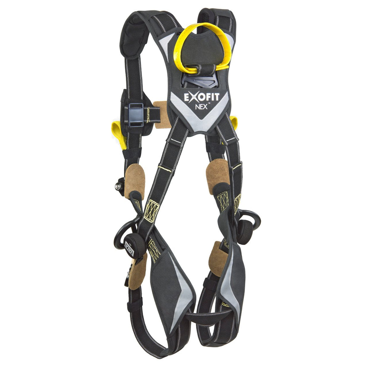 The DBI-SALA ExoFit NEX Comfort Arc Flash Rescue Safety Harness, offered by 3M DBI-SALA Fall Protection, features a black and gray design with distinctive yellow accents and is specifically designed for personal fall protection. It provides comfort padding on the shoulder, leg, and back supports and includes multiple adjustable straps and buckles to ensure a secure fit.