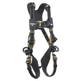 The 3M DBI-SALA Fall Protection ExoFit NEX Comfort AF Climbing/Positioning Harness comes in a black and tan design, featuring adjustable straps, buckles, and comfort padding. It offers multiple attachment points to ensure secure wear in safety applications.