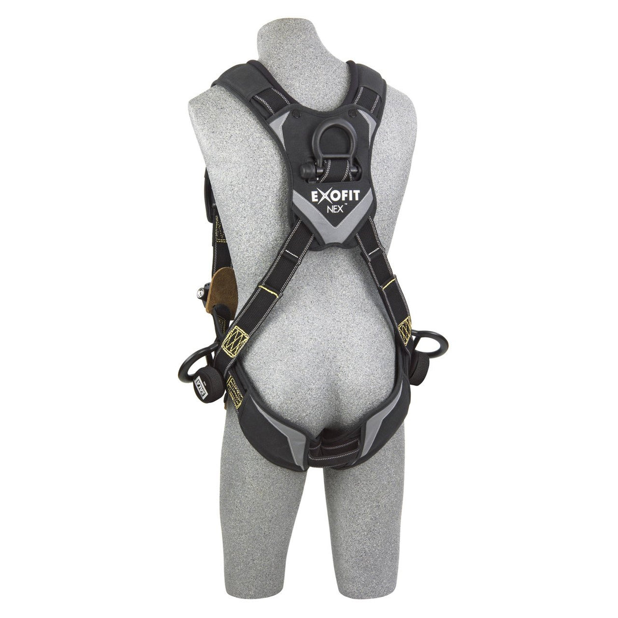 A gray mannequin displays the 3M DBI-SALA Fall Protection's DBI-SALA ExoFit NEX Comfort AF Climbing/Positioning Harness, a black full-body harness with metal buckles, rings, and adjustable straps. Enhanced with comfort padding, it is shown from the back to highlight its meticulous design and construction details.