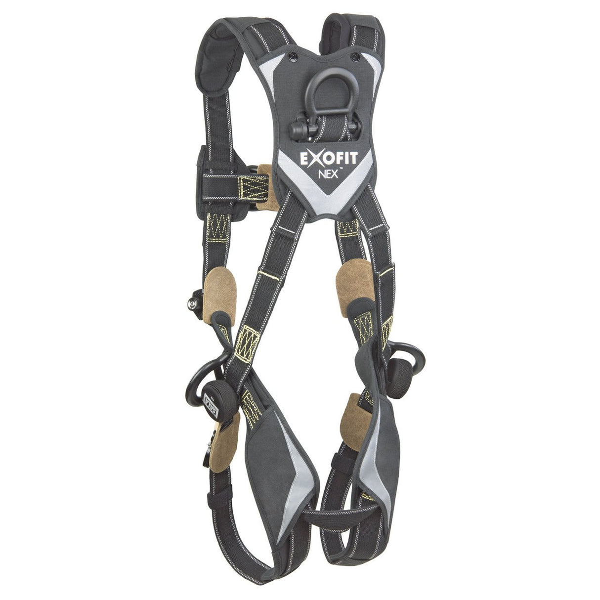 The DBI-SALA ExoFit NEX Comfort AF Climbing/Positioning Harness by 3M DBI-SALA Fall Protection is an excellent full-body safety harness designed for climbing. It provides fall protection with comfort padding, adjustable straps, and metal buckles. Featuring a primarily black design with yellow stitching and the "ExoFit NEX" label on the chest piece, it ensures both security and ease of use.