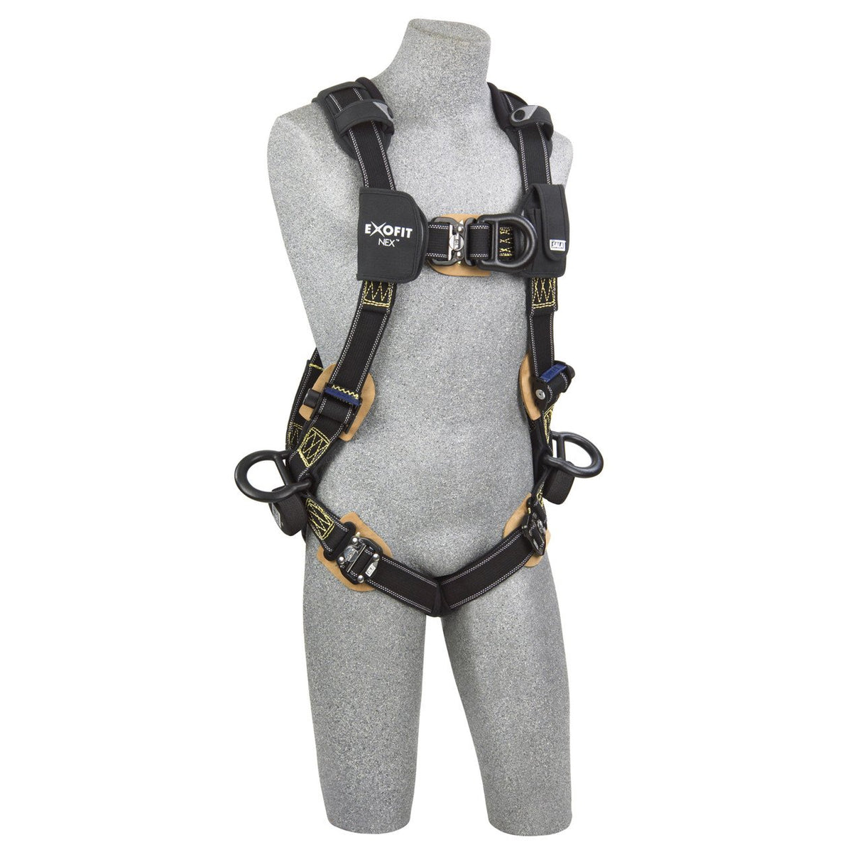 A mannequin showcases a DBI-SALA ExoFit NEX Comfort AF Climbing/Positioning Harness from 3M DBI-SALA Fall Protection. The harness is black and equipped with adjustable straps, buckles, and D-rings for superior fall protection. It includes comfort padding and is displayed against a plain white background.