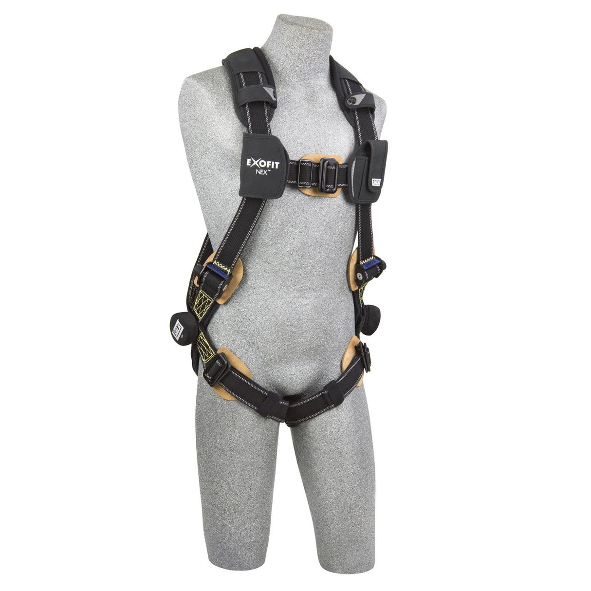 A gray mannequin is outfitted with a black and yellow 3M DBI-SALA ExoFit NEX Comfort Arc Flash Safety Harness, which includes adjustable straps and buckles. Made by 3M DBI-SALA Fall Protection, this harness offers a secure fit with comfort padding, making it ideal for any workplace safety or construction environment.