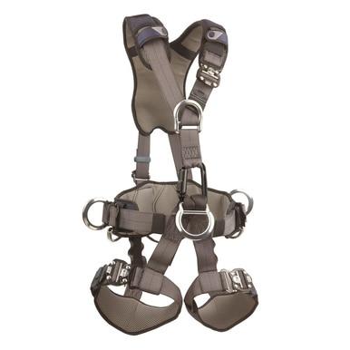 The 3M DBI-SALA Fall Protection DBI-SALA ExoFit NEX Rope Access/Rescue Harness 111334 ensures ultimate comfort with its gray adjustable straps, multiple metal buckles, and rings. It is specifically designed for securing individuals during activities such as climbing or construction. This advanced harness features padded support for the legs and lower back to ensure a secure fit.