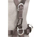 A close-up of a DBI-SALA ExoFit NEX Rope Access/Rescue Harness 111334 by 3M DBI-SALA Fall Protection, worn on a mannequin. This state-of-the-art harness includes adjustable straps with metal D-rings and a carabiner for secure attachment. The dark-colored fabric contrasts with the light gray torso of the mannequin, ensuring maximum comfort.