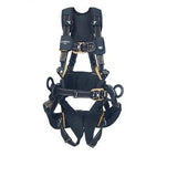 The DBI-SALA Exofit Nex Arc Flash Tower Harness 11133 by 3M DBI-SALA Fall Protection is a black and yellow safety harness equipped with multiple adjustable straps and buckles designed for fall protection. It also offers flame resistance to ensure safety in high-risk environments.