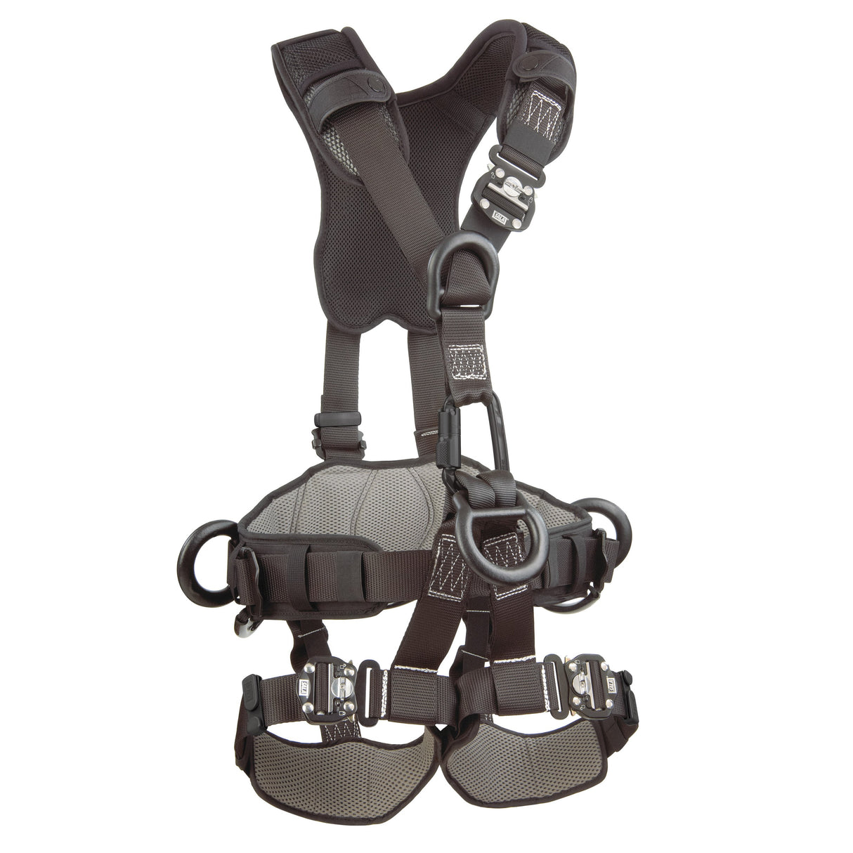 The 3M DBI-SALA ExoFit NEX Rope Access/Rescue Harness in black, from 3M DBI-SALA Fall Protection, features adjustable straps and buckles for secure body support. Designed with comfort padding in the shoulder and leg sections, it includes multiple metal attachment points for climbing or safety equipment.