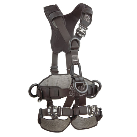 The 3M DBI-SALA ExoFit NEX Rope Access/Rescue Harness Black, from the renowned 3M DBI-SALA Fall Protection brand, is a full-body safety harness designed with comfort padding in the shoulder, waist, and leg straps. It includes several metal buckles and attachment points, making it perfect for Rope Access/Rescue tasks or activities such as climbing and construction. The harness is styled in an elegant black and gray design.