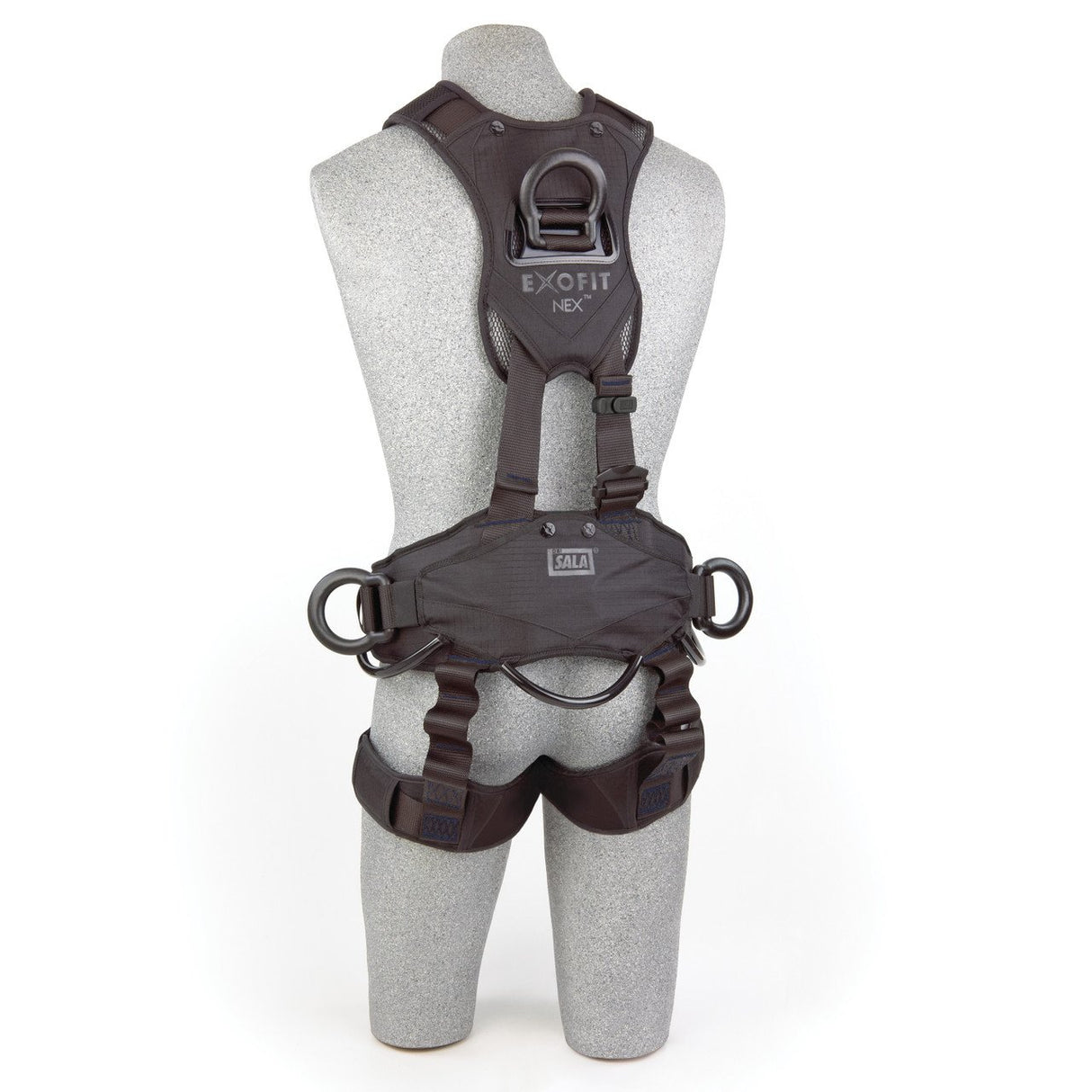 A gray mannequin showcases the 3M DBI-SALA ExoFit NEX Rope Access/Rescue Harness in black, featuring padded shoulder straps for maximum comfort. It includes a waist belt, leg loops, and durable metal D-rings for attachment points. A label proudly reads "ExoFit NEX 3M DBI-SALA.