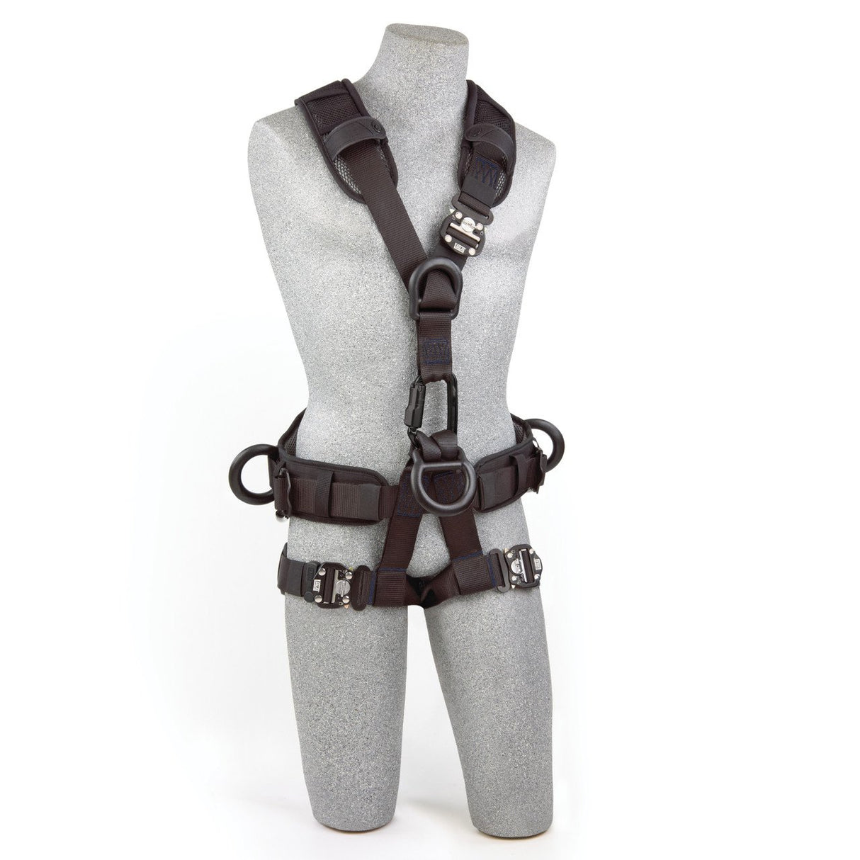 A padded gray mannequin displays a 3M DBI-SALA ExoFit NEX Rope Access/Rescue Harness in black, featuring multiple adjustable straps, buckles, and circular metal rings. Manufactured by 3M DBI-SALA Fall Protection for climbing or construction safety, it includes comfort padding perfect for rope access and rescue harness usage.