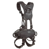 The 3M DBI-SALA ExoFit NEX Rope Access/Rescue Harness in black offers comfort padding, multiple adjustable straps, and secure metal rings. The harness features the ExoFit NEX branding on its padded back piece and includes a waist belt for extra support. Crafted by 3M DBI-SALA Fall Protection, it ensures reliable safety.