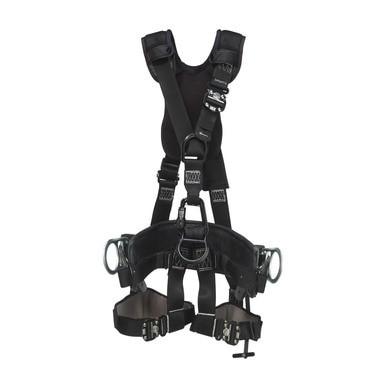 The DBI-SALA ExoFit NEX Lineman Suspension Harness with 2D Belt 1113566, by 3M DBI-SALA Fall Protection, is a black safety harness featuring adjustable straps, metal buckles, and Tech-Lite D-rings. Designed for secure work environments, it offers padded shoulder and leg sections for added comfort.