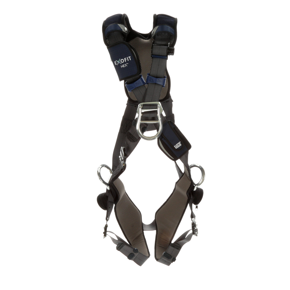 The 3M DBI-SALA Fall Protection's DBI-SALA ExoFit NEX Plus Cross-Over Climbing/Positioning Harness is an industrial safety harness designed for personal protection during work at heights. It features adjustable straps, metal connectors, and padding for enhanced comfort. Additionally, it includes auto-resetting lanyard keepers and an integrated easy-link SRL adapter, adorned with stylish black and blue accents against a plain white background.