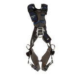 The 3M DBI-SALA Fall Protection's DBI-SALA ExoFit NEX Plus Cross-Over Climbing/Positioning Harness is an industrial safety harness designed for personal protection during work at heights. It features adjustable straps, metal connectors, and padding for enhanced comfort. Additionally, it includes auto-resetting lanyard keepers and an integrated easy-link SRL adapter, adorned with stylish black and blue accents against a plain white background.