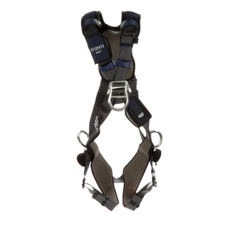 The 3M DBI-SALA Fall Protection DBI-SALA ExoFit NEX Plus Cross-Over Climbing/Positioning Harness is a black and gray safety harness designed with adjustable straps, metal buckles, and padded sections. It provides fall protection with multiple attachment points and includes an integrated easy-link SRL adapter for secure fitting.