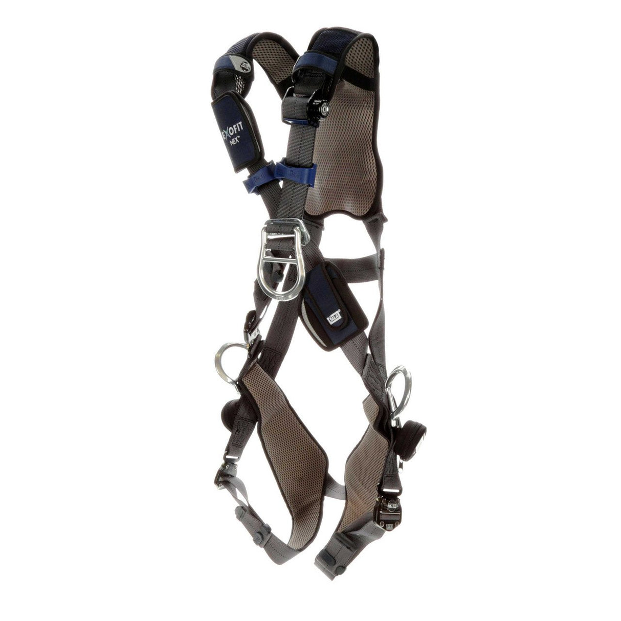 The DBI-SALA ExoFit NEX Plus Cross-Over Climbing/Positioning Harness from 3M DBI-SALA Fall Protection features a safety design with padded shoulder and leg straps, adjustable buckles, and metal rings. It includes an integrated easy-link SRL adapter and central front hook, showcasing gray and black fabrics with blue accents for comfort and security.