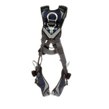 The DBI-SALA ExoFit NEX Plus Cross-Over Climbing/Positioning Harness by 3M DBI-SALA Fall Protection boasts a black and gray design with adjustable buckles and straps for fall protection. It features an integrated easy-link SRL adapter and a robust metal ring on the chest for secure attachment, offering safety with comfort.