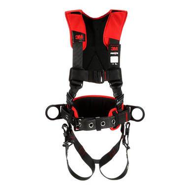 The 3M DBI-SALA Fall Protection Protecta Comfort Construction Style Harness 116120_ is a black and red full-body safety harness equipped with adjustable straps and buckles, specifically designed for fall protection. The 3M Protecta logo is prominently displayed on the chest area, highlighting its comfort construction features for secure positioning.