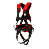 The 3M Protecta Comfort Construction Positioning Harness from 3M DBI-SALA Fall Protection is a red and black fall protection harness with adjustable straps and metal pass-through buckles. Built for construction or industrial safety, it includes padded shoulder straps and attachment points to ensure comfort and security on the job.