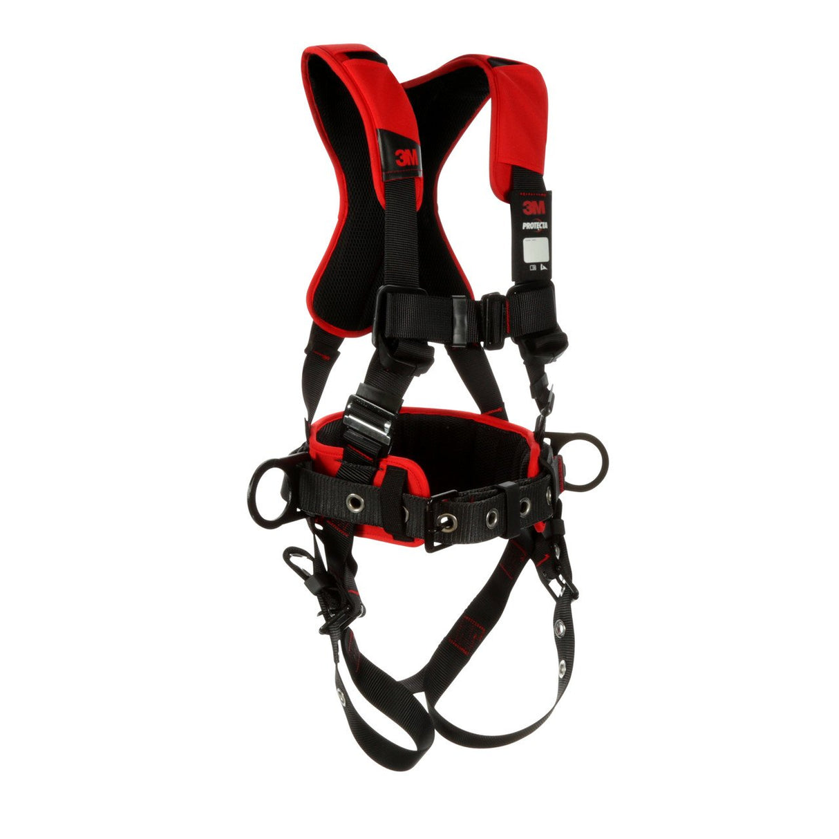 A 3M Protecta Comfort Construction Positioning Harness with pass-through buckles is displayed against a white background, featuring a combination of red and black colors. It includes padded shoulder straps and multiple attachment points, making it essential for secure safety line connections. This product from 3M DBI-SALA Fall Protection is ideal for those seeking a reliable fall protection solution.