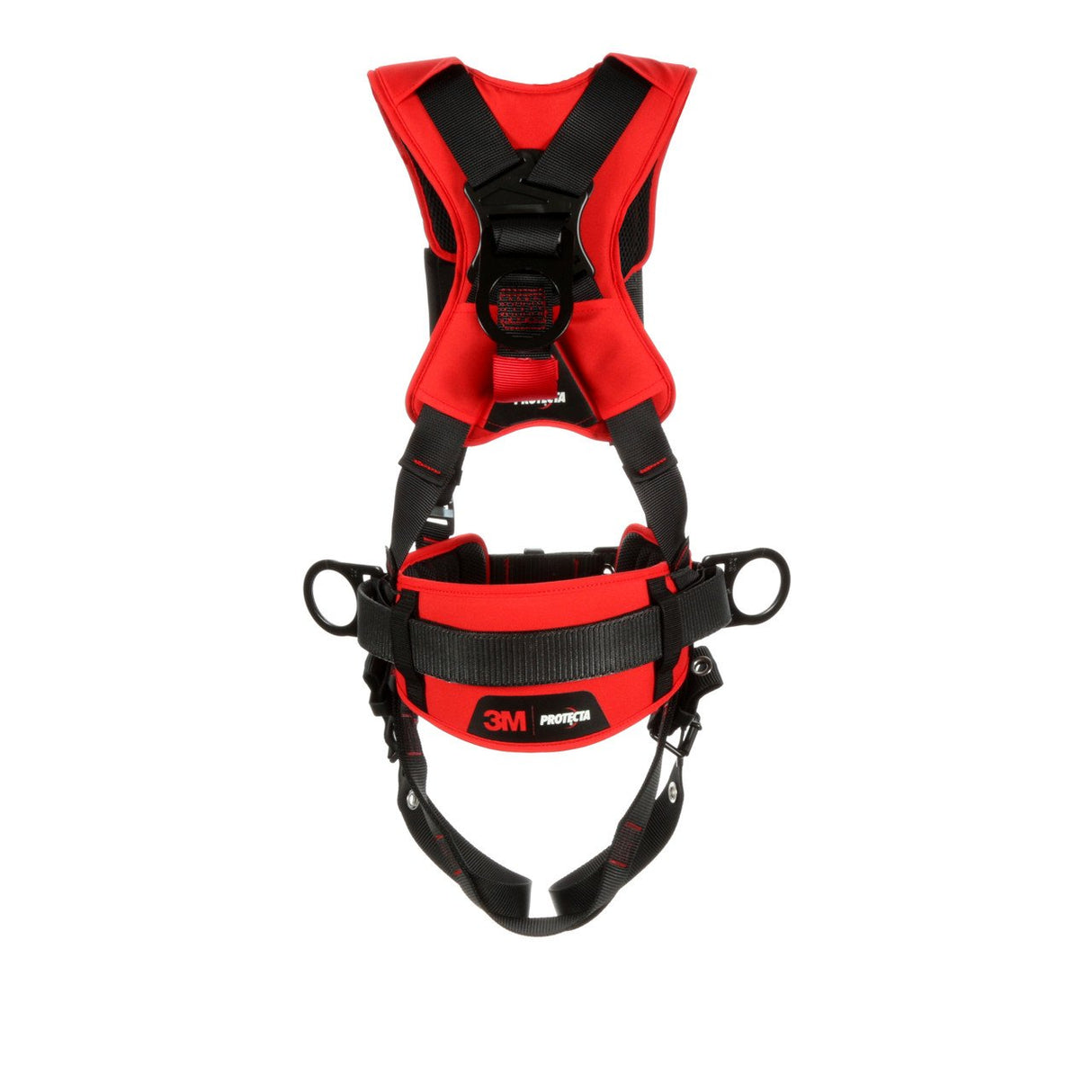 The 3M DBI-SALA Fall Protection Protecta Comfort Construction Positioning Harness features a striking red and black design with pass-through buckles and adjustable straps, ensuring optimal safety for fall protection. The brand name is prominently displayed on both the waist and chest sections. This harness is presented against a clean white background.