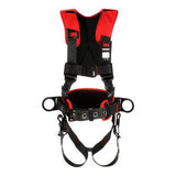 The 3M Protecta Comfort Construction Style Harness 116120_ from 3M DBI-SALA Fall Protection comes in a black and red design, featuring adjustable straps, padding, and metal rings for secure fastening. The brand's logo is prominently displayed on the chest area, ensuring comfort and safety in construction environments.