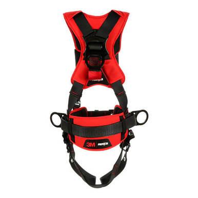 The 3M Protecta Comfort Construction Style Harness 116120_ by 3M DBI-SALA Fall Protection provides vital fall protection with its eye-catching red and black design. It features adjustable straps, a padded waist belt for enhanced comfort, and robust metal rings for secure attachment. The prominent 3M logo is clearly displayed on the waist belt.