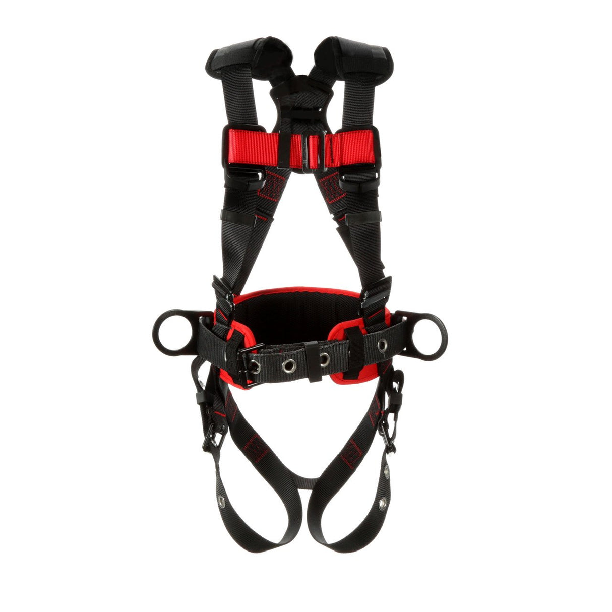 The 3M DBI-SALA Fall Protection Protecta Standard Construction Style Harness 116130_ is a full-body safety solution featuring black and red webbing, adjustable straps, shoulder padding, and metal buckles. Perfect for secure attachment in high or elevated work environments, this construction-style positioning harness ensures maximum durability and safety.