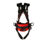 Image of a black and red 3M Protecta Standard Construction Style Harness 116130_ with the 3M DBI-SALA Fall Protection logo. Featuring adjustable straps and metal rings, this harness is designed for personal protective equipment use in industrial settings. Its durable belt ensures safety, isolated on a plain white background.