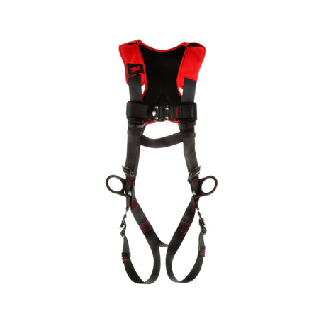 A red and black 3M Protecta Comfort Vest-Style Positioning Harness by 3M DBI-SALA Fall Protection, featuring quick-connect leg connections, adjustable straps, secure buckles, and padded shoulder sections. Ideal for construction or industrial work.