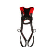 Introducing the 3M Protecta Comfort Vest-Style Positioning Harness by 3M DBI-SALA Fall Protection, designed with a striking red and black color scheme. This harness features adjustable straps and metal buckles for secure fastening, along with shoulder, chest, and quick-connect leg connections, making it perfect for construction or climbing tasks.