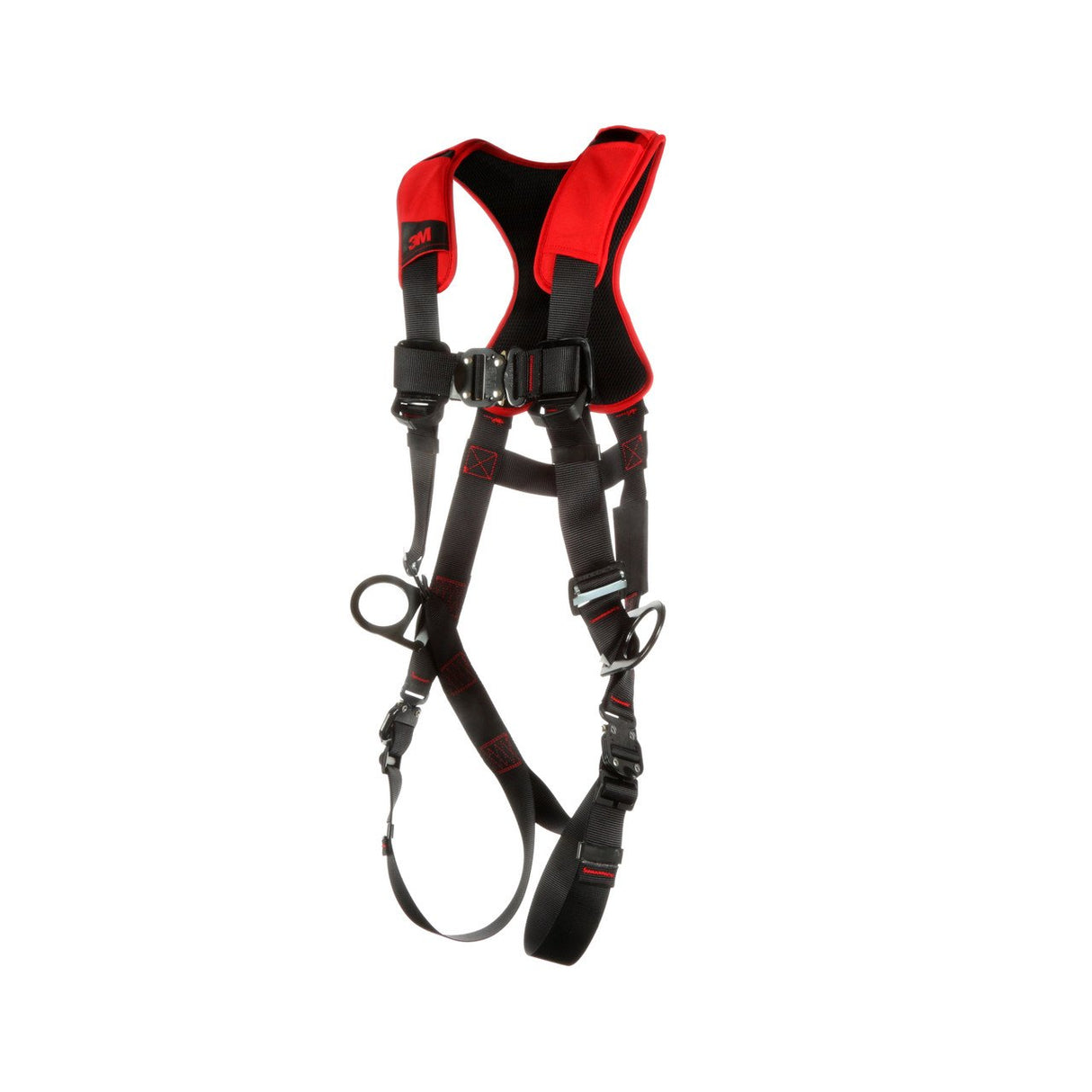 Introducing the 3M Protecta Comfort Vest-Style Positioning Harness by 3M DBI-SALA Fall Protection, a black and red harness designed with adjustable straps and quick-connect leg connections for maximum safety. This product includes padded shoulder and back supports to ensure comfort during use.