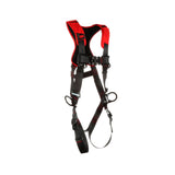 The 3M Protecta Comfort Vest-Style Positioning Harness by 3M DBI-SALA Fall Protection, featuring black and red colors, adjustable straps, and quick-connect leg connections, is crafted for personal safety. The recognizable 3M logo is displayed on the shoulder pad. This positioning harness is showcased against a plain white background.