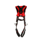 The 3M Protecta Comfort Vest-Style Positioning Harness by 3M DBI-SALA Fall Protection is a red and black fall protection harness featuring adjustable shoulder and chest straps, along with quick-connect leg straps, designed for safety in construction or climbing.