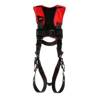 The 3M Protecta Comfort Vest Style Harness 116141_ by 3M DBI-SALA Fall Protection boasts a red and black design with shoulder, chest, and leg straps for effective fall protection. It includes ANSI-compliant lanyard keepers and moisture-wicking back padding, ensuring secure fastening with its centralized buckle and adjustable loops.