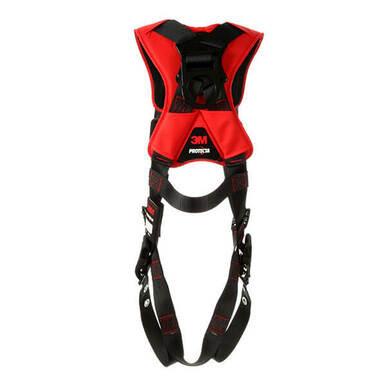 The 3M Protecta Comfort Vest-Style Harness (Product Number: 116141_), branded under 3M DBI-SALA Fall Protection, is a red and black safety harness equipped with adjustable straps and buckles for a secure fit. Designed to provide fall protection in construction or industrial settings, it features moisture-wicking back padding that ensures ultimate comfort.