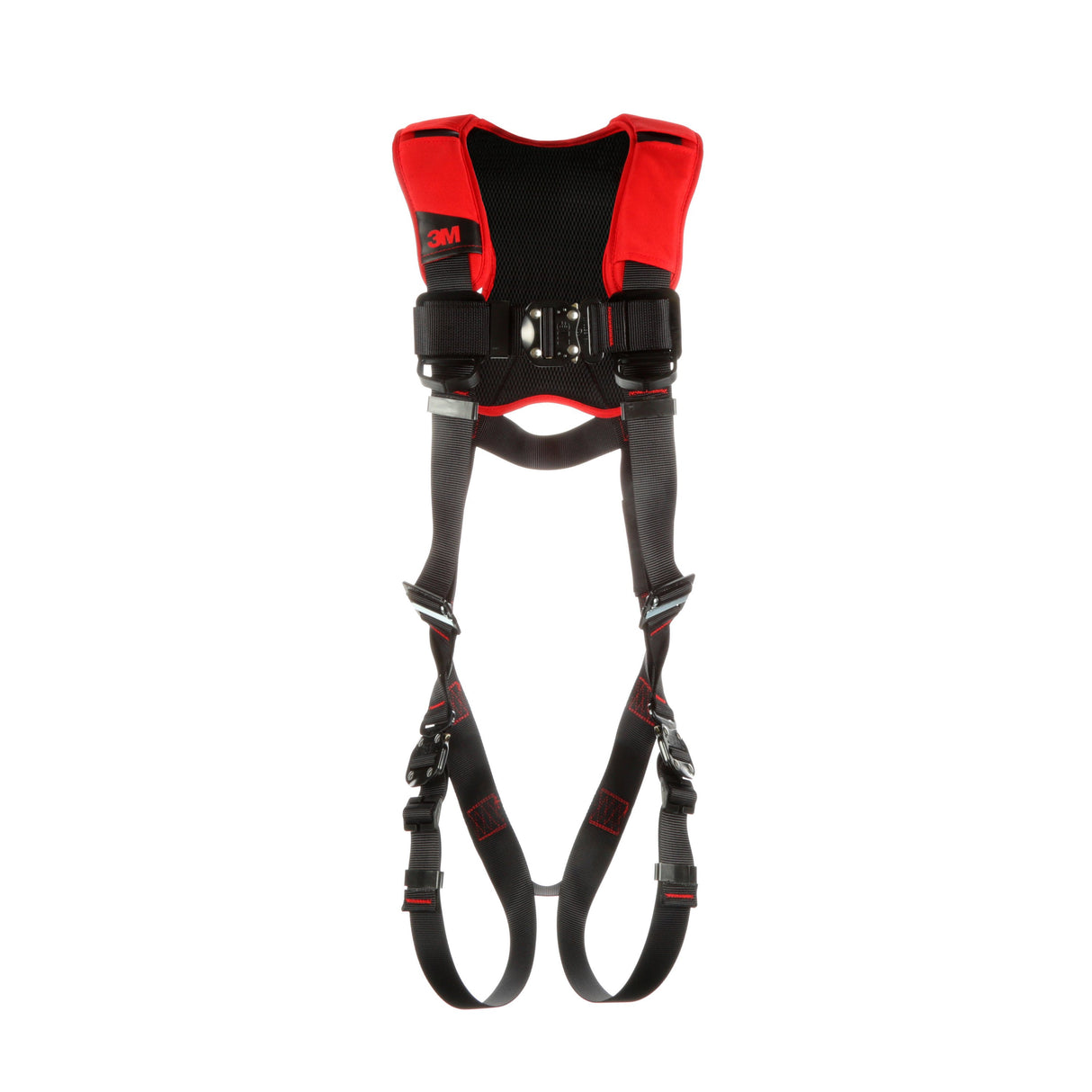 This image showcases the 3M Protecta Comfort Vest-Style Harness, Quick Connect in bold red and black. Manufactured by 3M DBI-SALA Fall Protection, it is designed for personal safety with fall arrest features, including adjustable straps, Quick-Connect Leg Connection, and a padded back section for enhanced comfort and support.