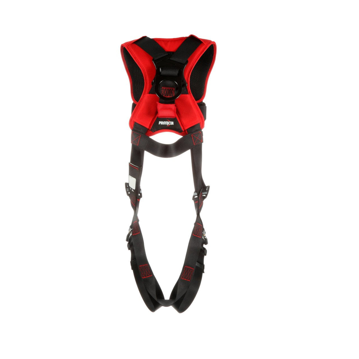 The 3M DBI-SALA Fall Protection Protecta Comfort Vest-Style Harness, Quick Connect, showcases a red and black design with adjustable straps and metal buckles, featuring quick-connect leg connections for user convenience. Ideally designed for industrial or construction environments, it delivers dependable support and fall arrest safety.