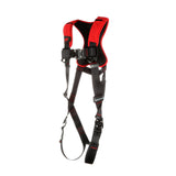 The 3M DBI-SALA Fall Protection Protecta Comfort Vest-Style Harness, designed in red and black with adjustable straps and quick-connect leg connections, is expertly crafted for fall protection. This reliable fall arrest device is displayed against a plain white background.