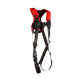 The 3M DBI-SALA Fall Protection Protecta Comfort Vest-Style Harness, Quick Connect features adjustable straps and buckles for effective personal fall protection in a red and black color scheme. With padded shoulder areas for enhanced comfort, it's perfect for construction or climbing activities.