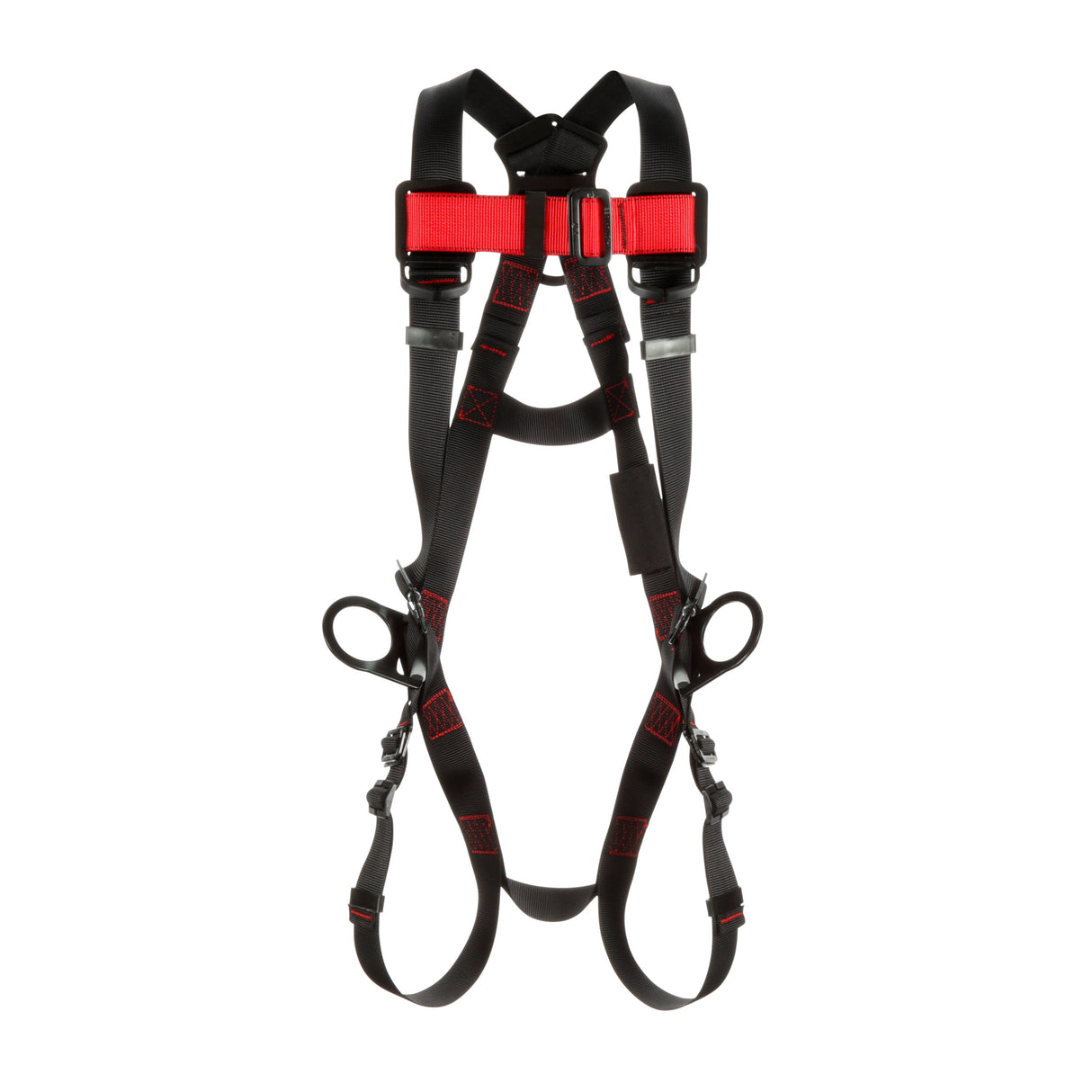 The 3M Protecta Vest-Style Positioning Harness by 3M DBI-SALA Fall Protection, with its black and red design featuring adjustable straps and metal loops, is ideal for climbing or construction tasks. It offers excellent fall protection and is displayed against a plain white background.