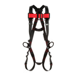 The 3M Protecta Vest-Style Positioning Harness by 3M DBI-SALA Fall Protection, with its black and red design featuring adjustable straps and metal loops, is ideal for climbing or construction tasks. It offers excellent fall protection and is displayed against a plain white background.