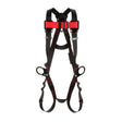 The 3M DBI-SALA Fall Protection Vest-Style Positioning Harness, Pass-Through Leg, is a black and red safety harness designed for personal fall protection. It features adjustable straps, attachment points, and buckles, making it ideal for securing a worker at height while also serving as a positioning harness.