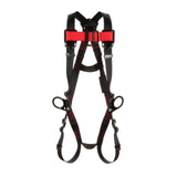 The 3M DBI-SALA Fall Protection Vest-Style Positioning Harness, Pass-Through Leg, is a black and red safety harness designed for personal fall protection. It features adjustable straps, attachment points, and buckles, making it ideal for securing a worker at height while also serving as a positioning harness.