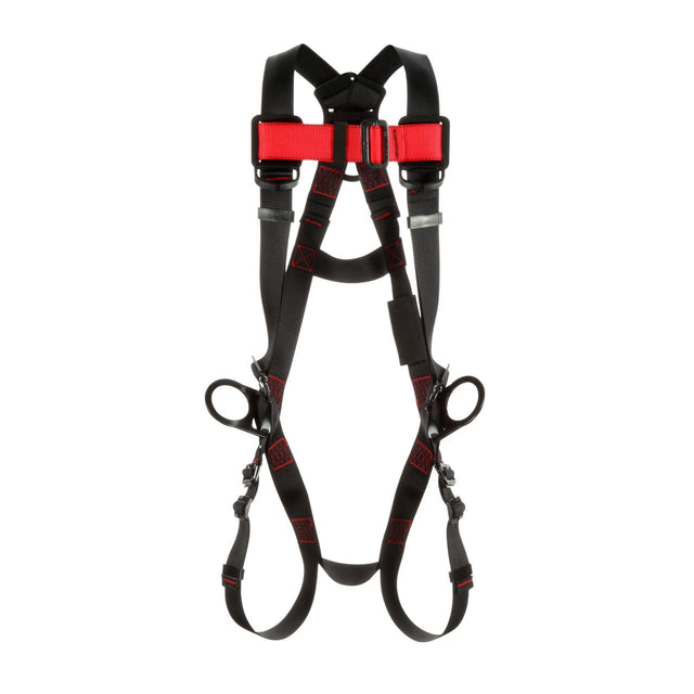 The 3M DBI-SALA Fall Protection Vest-Style Positioning Harness, Pass-Through Leg, is a black and red safety harness designed for personal fall protection. It features adjustable straps, attachment points, and buckles, making it ideal for securing a worker at height while also serving as a positioning harness.